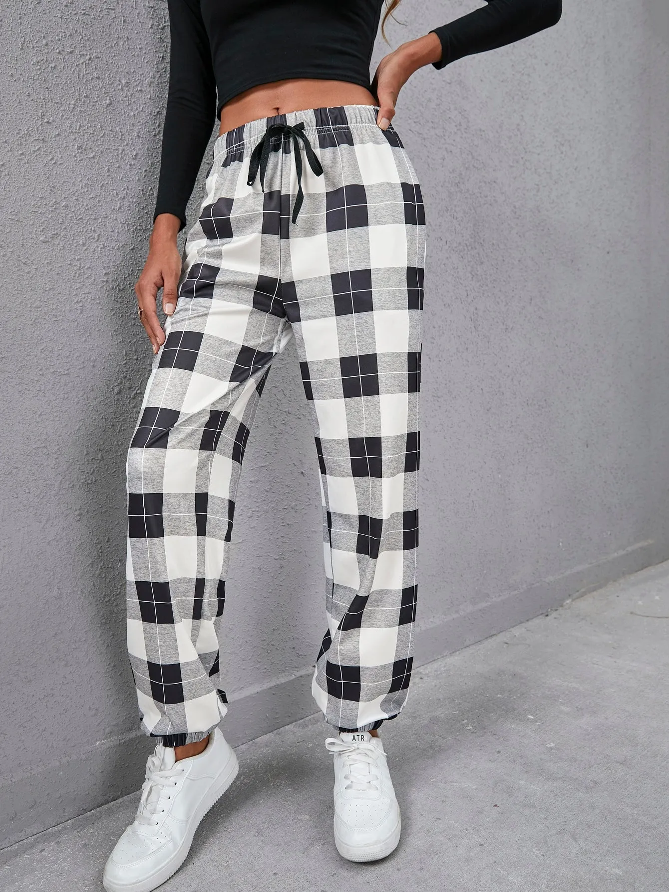 Plaid Drawstring Natural Long Women Sweatpants