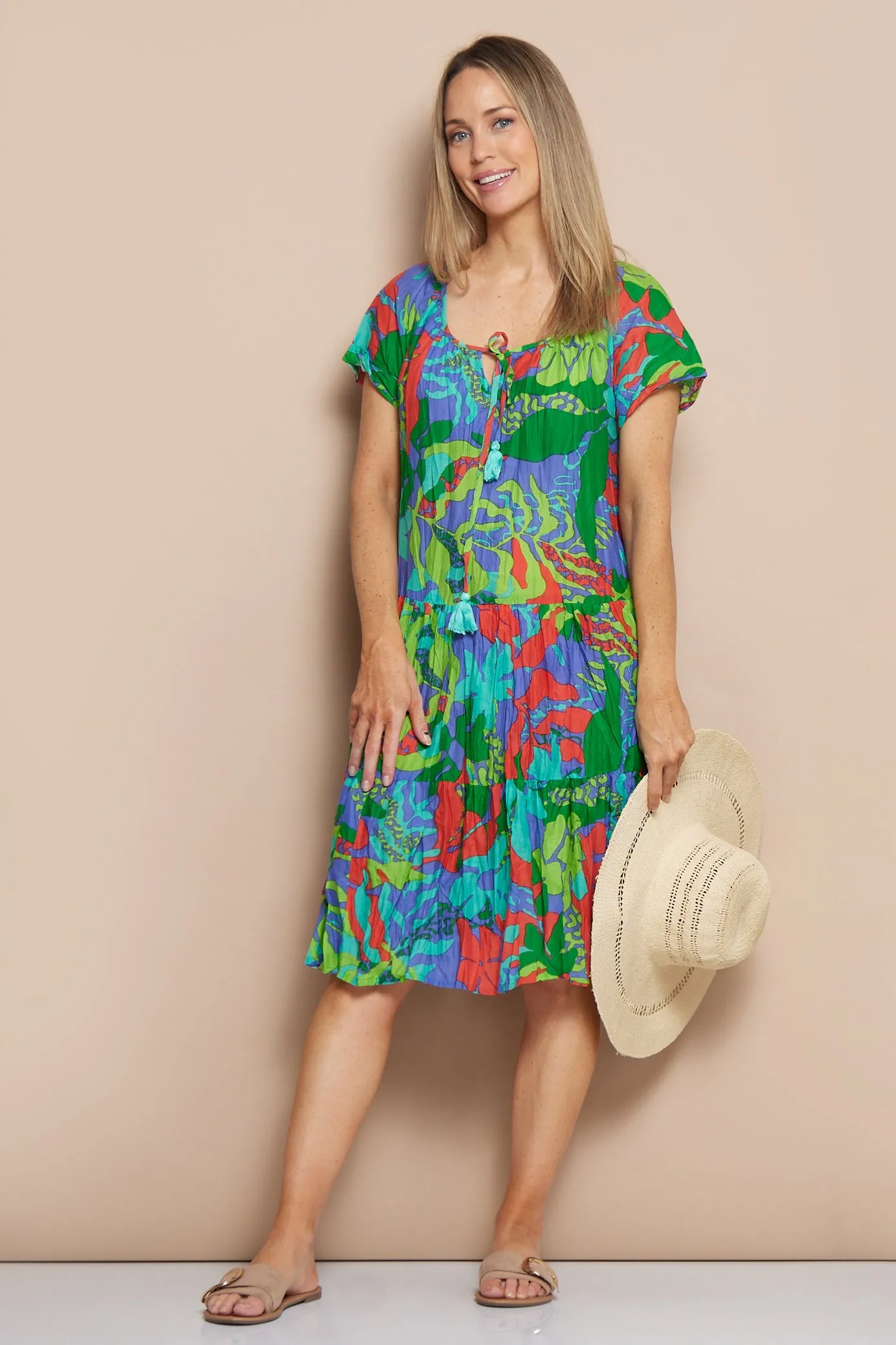 Poppy Cap Sleeve Cotton Dress - Tropical Sea
