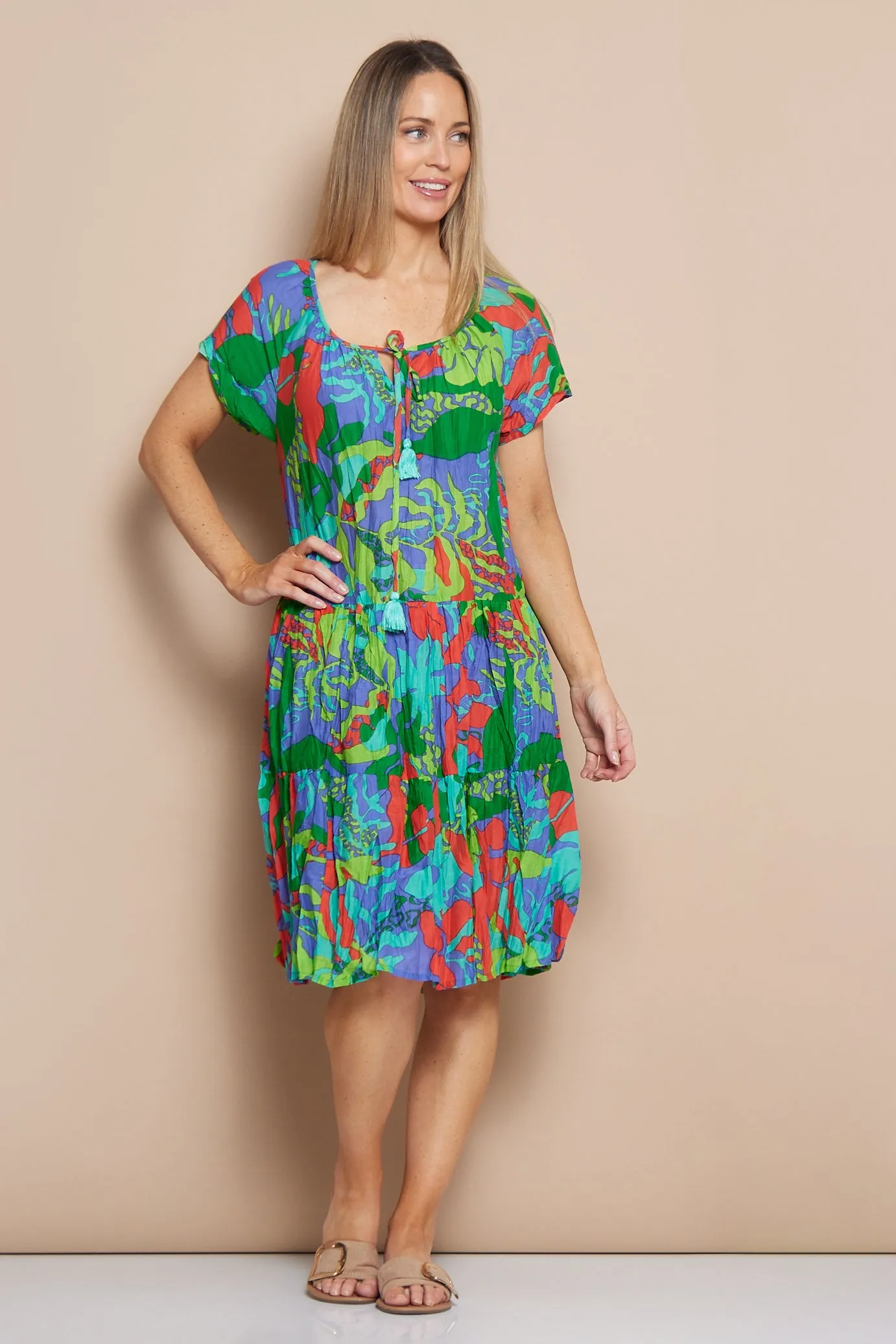 Poppy Cap Sleeve Cotton Dress - Tropical Sea