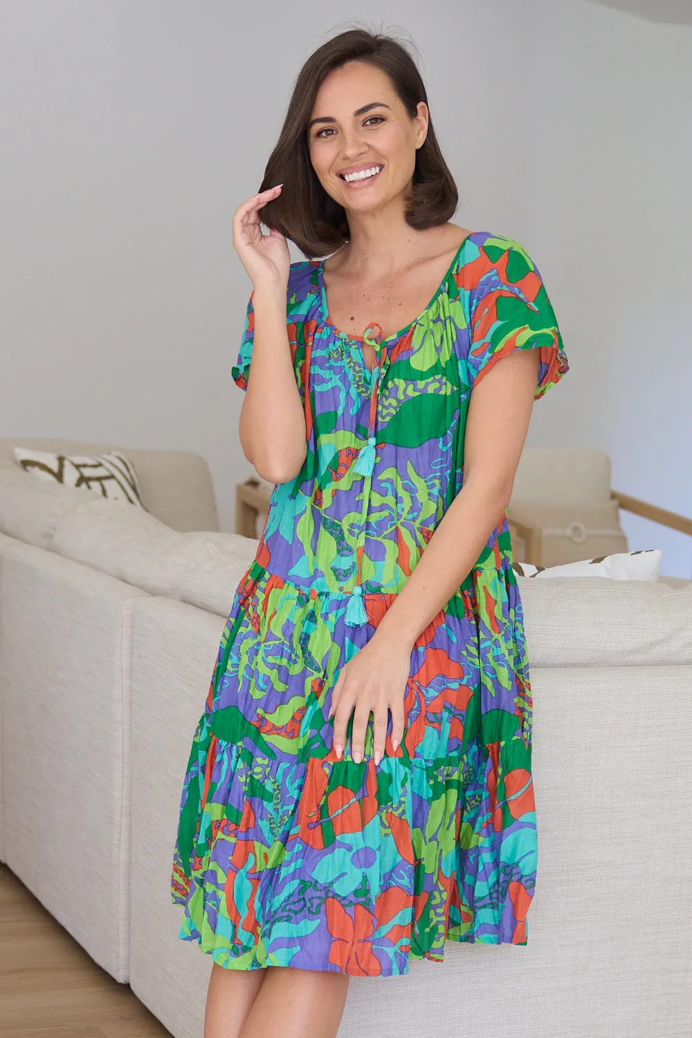 Poppy Cap Sleeve Cotton Dress - Tropical Sea