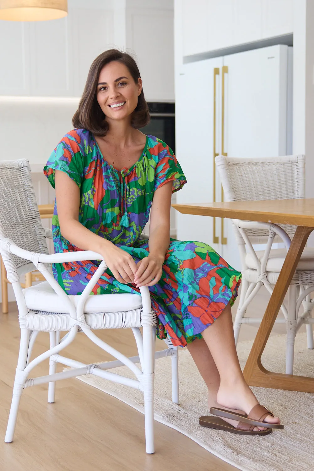 Poppy Cap Sleeve Cotton Dress - Tropical Sea