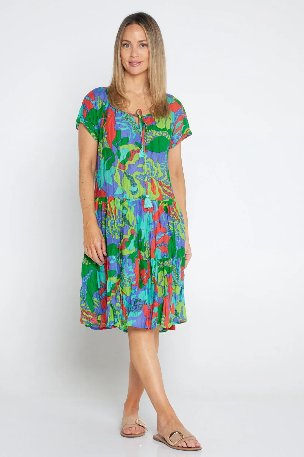 Poppy Cap Sleeve Cotton Dress - Tropical Sea