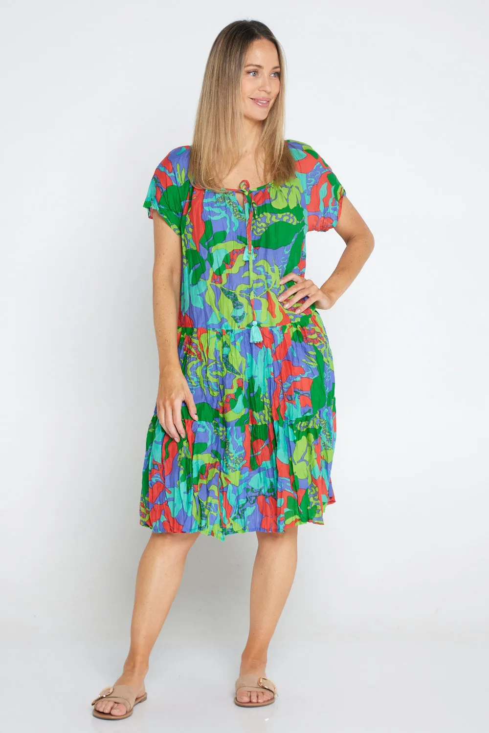 Poppy Cap Sleeve Cotton Dress - Tropical Sea