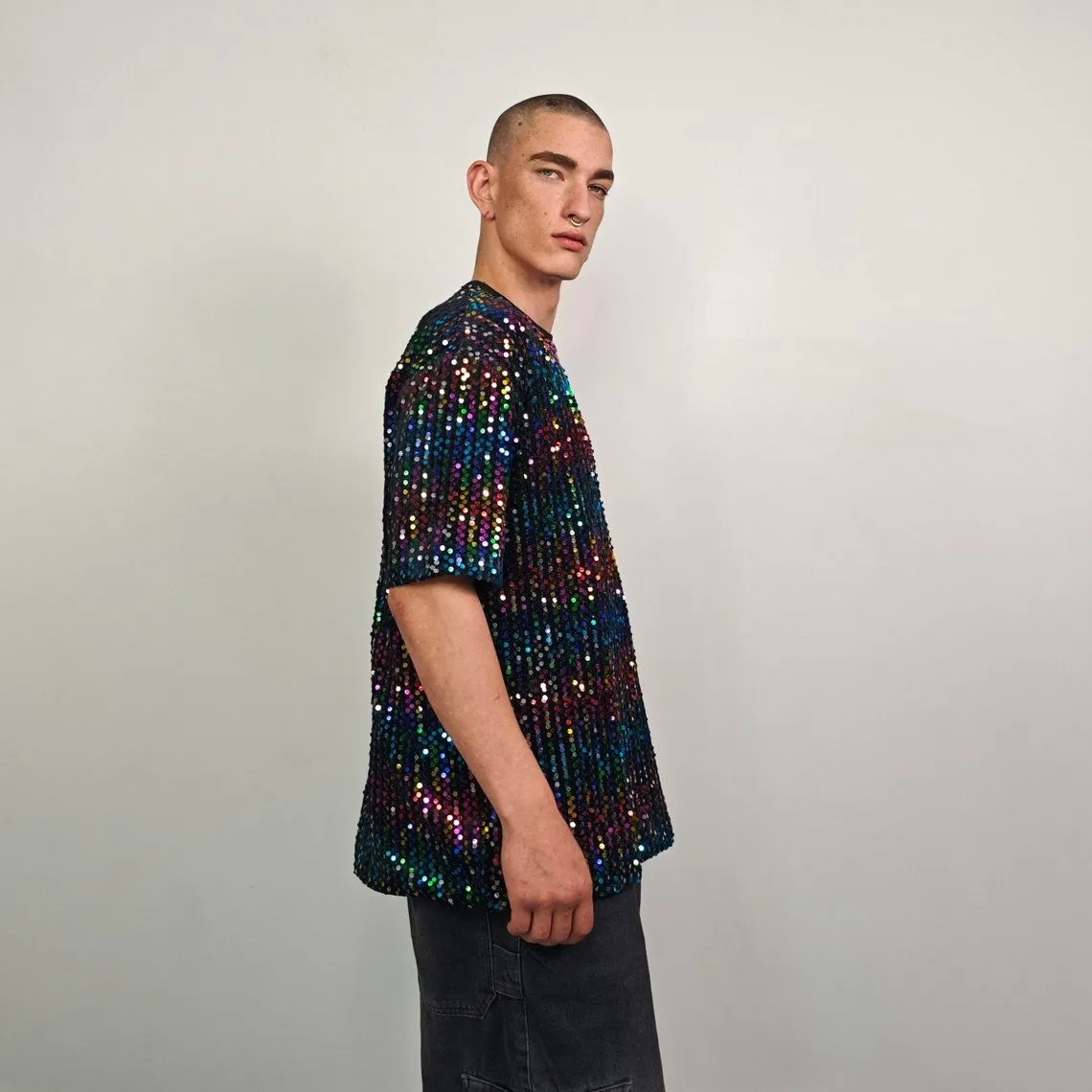 Rainbow sequin embellished top luxury embroidered t-shirt geometric pattern tee shiny luminous going out fancy dress jumper party pullover