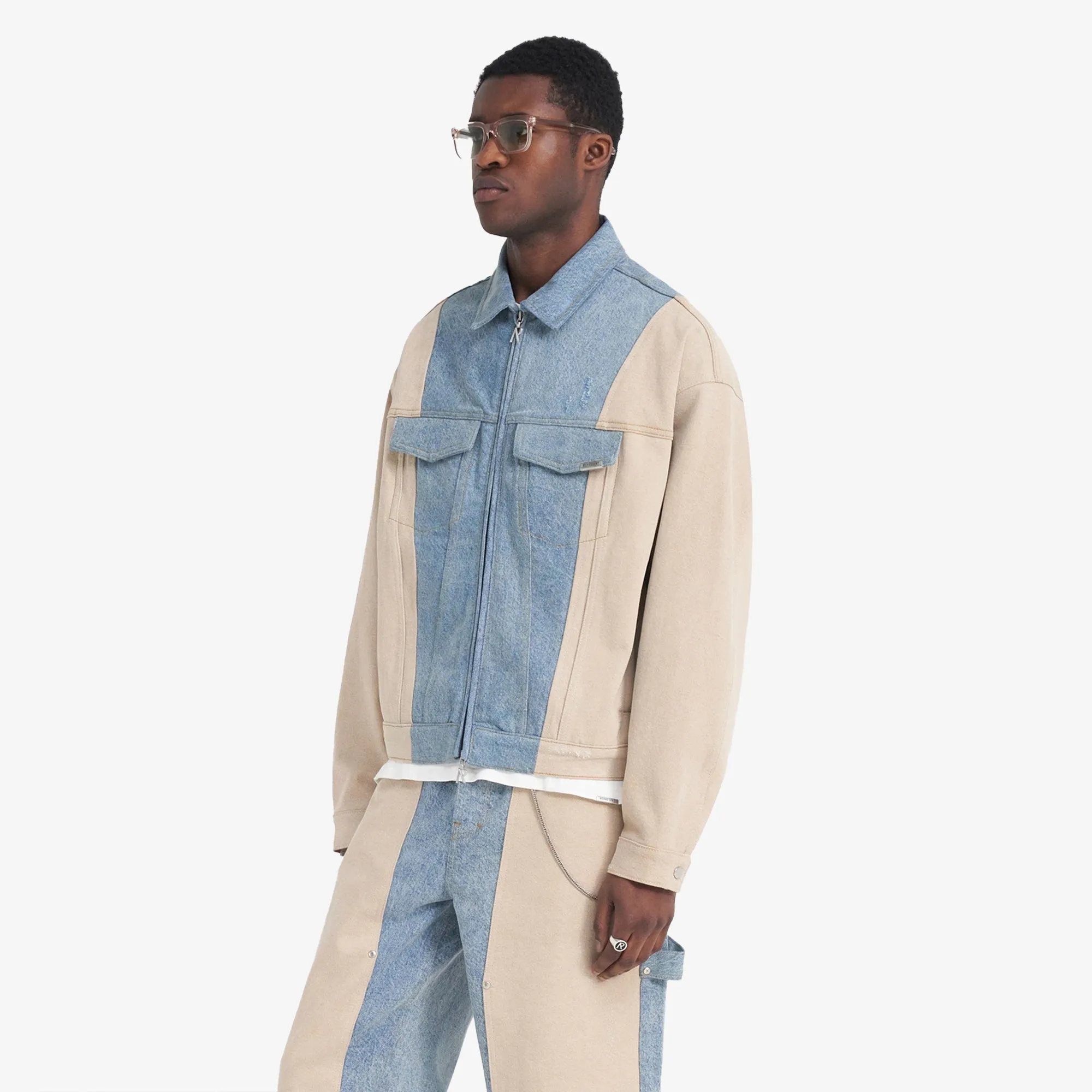 REPRESENT | R4 COLOUR BLOCK DENIM JACKET { BLUE