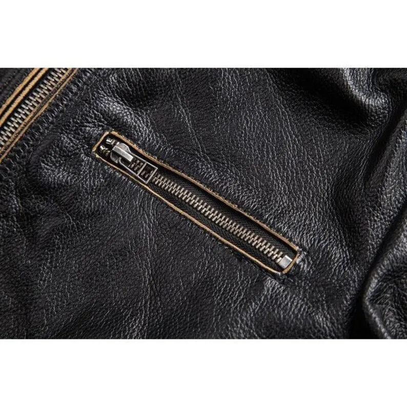 Revive Your Style with the Legendary 7-Sized Men's Vintage Biker Distressed Black Leather Jacket!