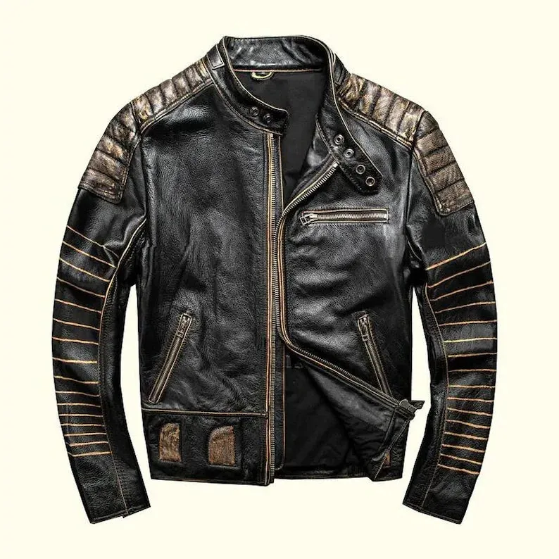 Revive Your Style with the Legendary 7-Sized Men's Vintage Biker Distressed Black Leather Jacket!