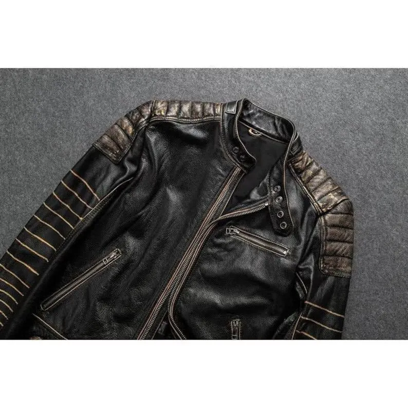 Revive Your Style with the Legendary 7-Sized Men's Vintage Biker Distressed Black Leather Jacket!