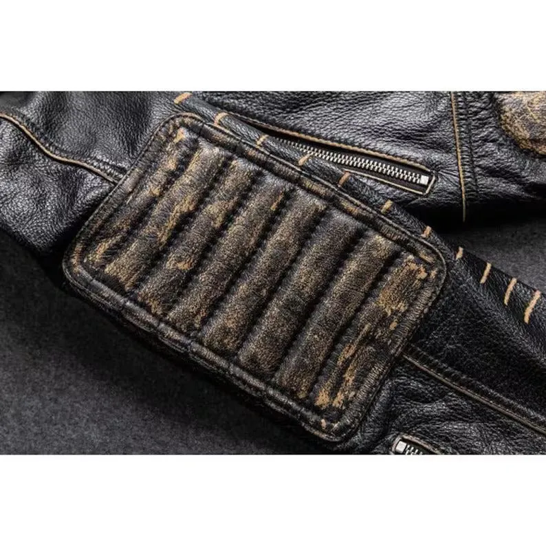 Revive Your Style with the Legendary 7-Sized Men's Vintage Biker Distressed Black Leather Jacket!