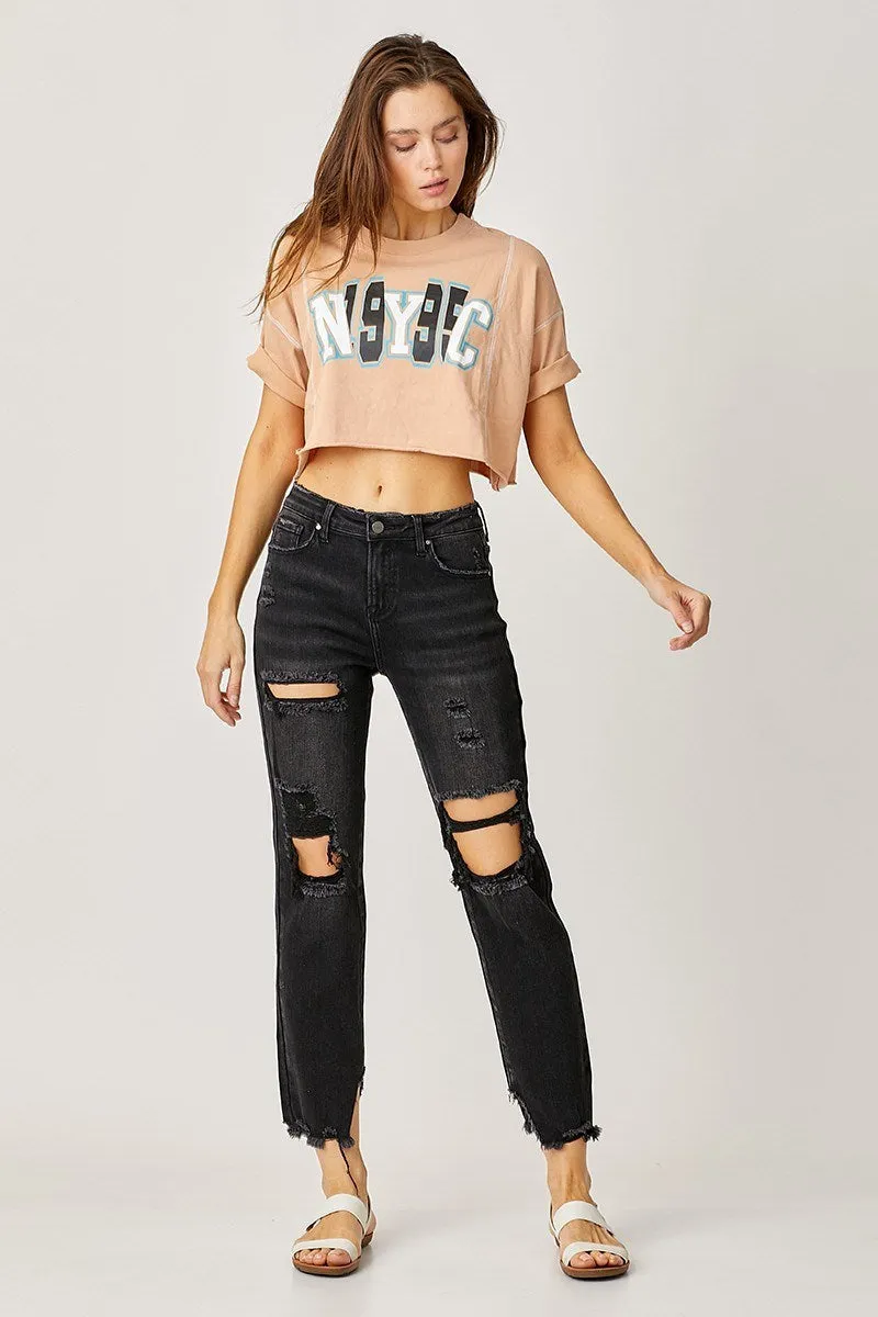Risen Mid-Rise Crop tapered Boyfriend Jeans