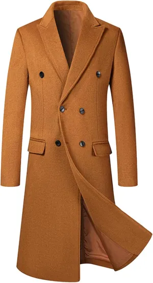 Sexyshine Mens Full Length Wool Trench Coat Notched Lapel Double Breasted Long Overcoat Windbreaker Pea Coat Jacket