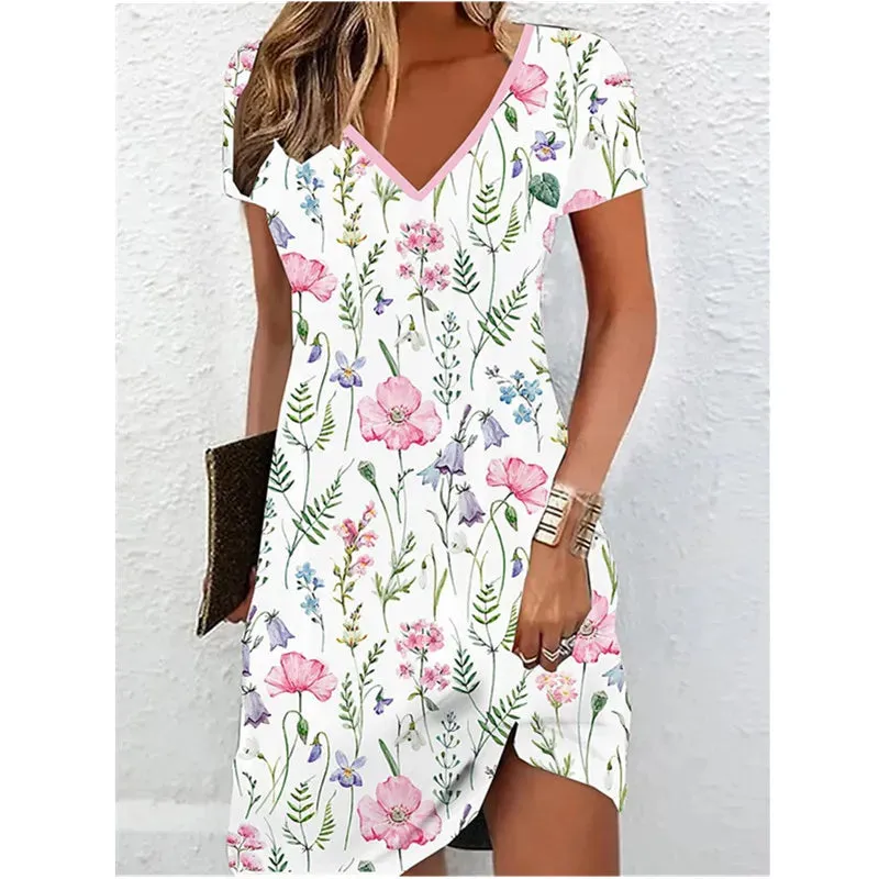 Summer Short Sleeved V-neck Casual Women Dress 6XL Floral Print