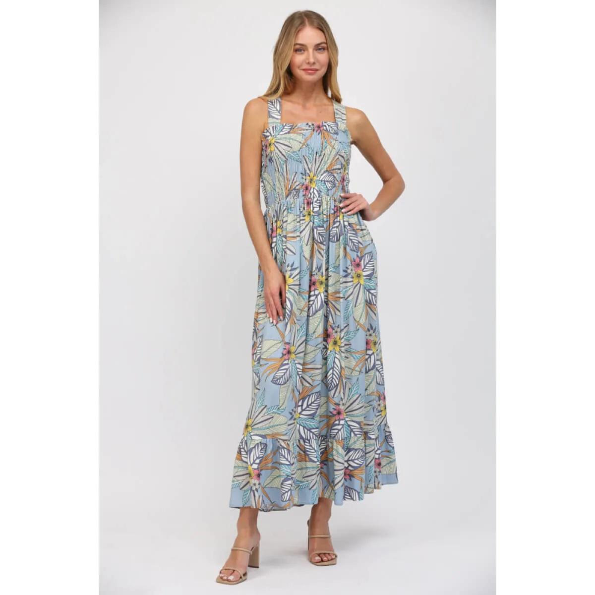 Tropical Print Linen Maxi Dress