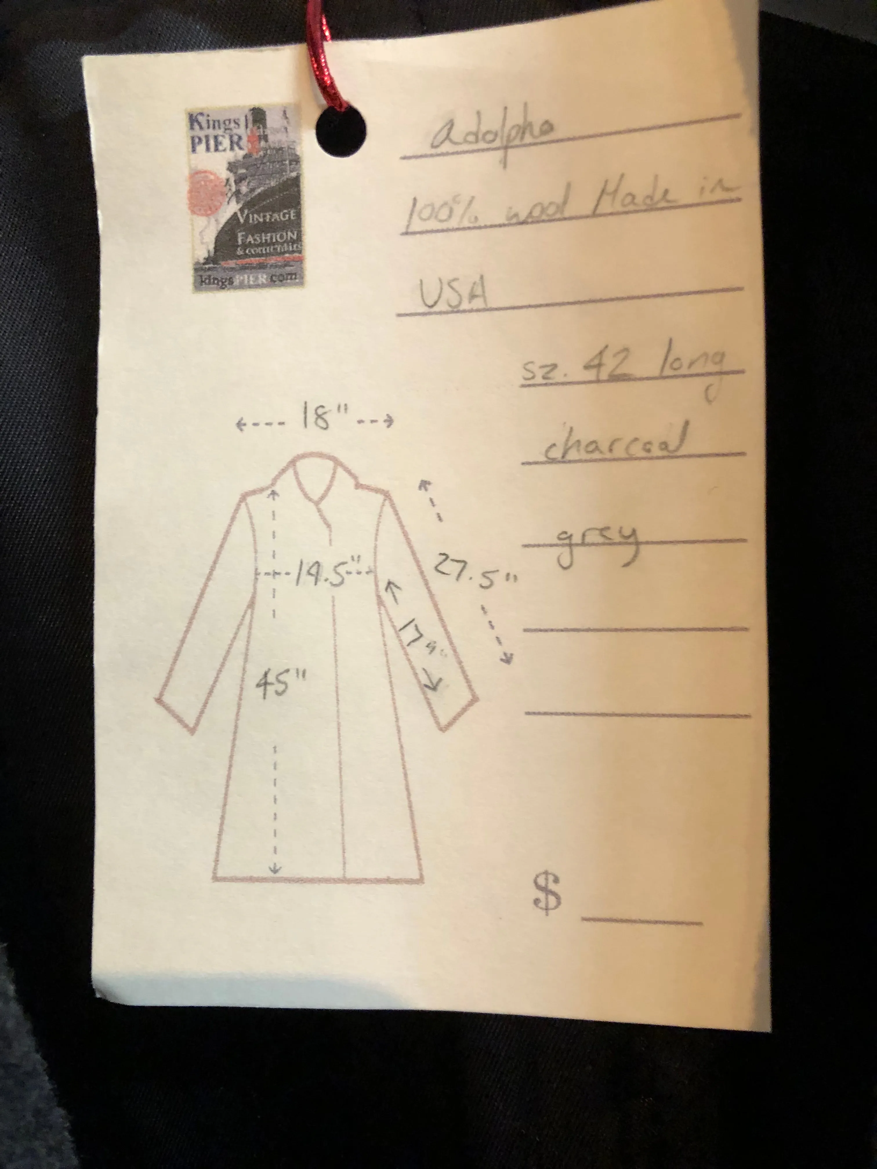 Vintage Adolfo Charcoal Grey Wool Coat, Made in USA, Size 42L