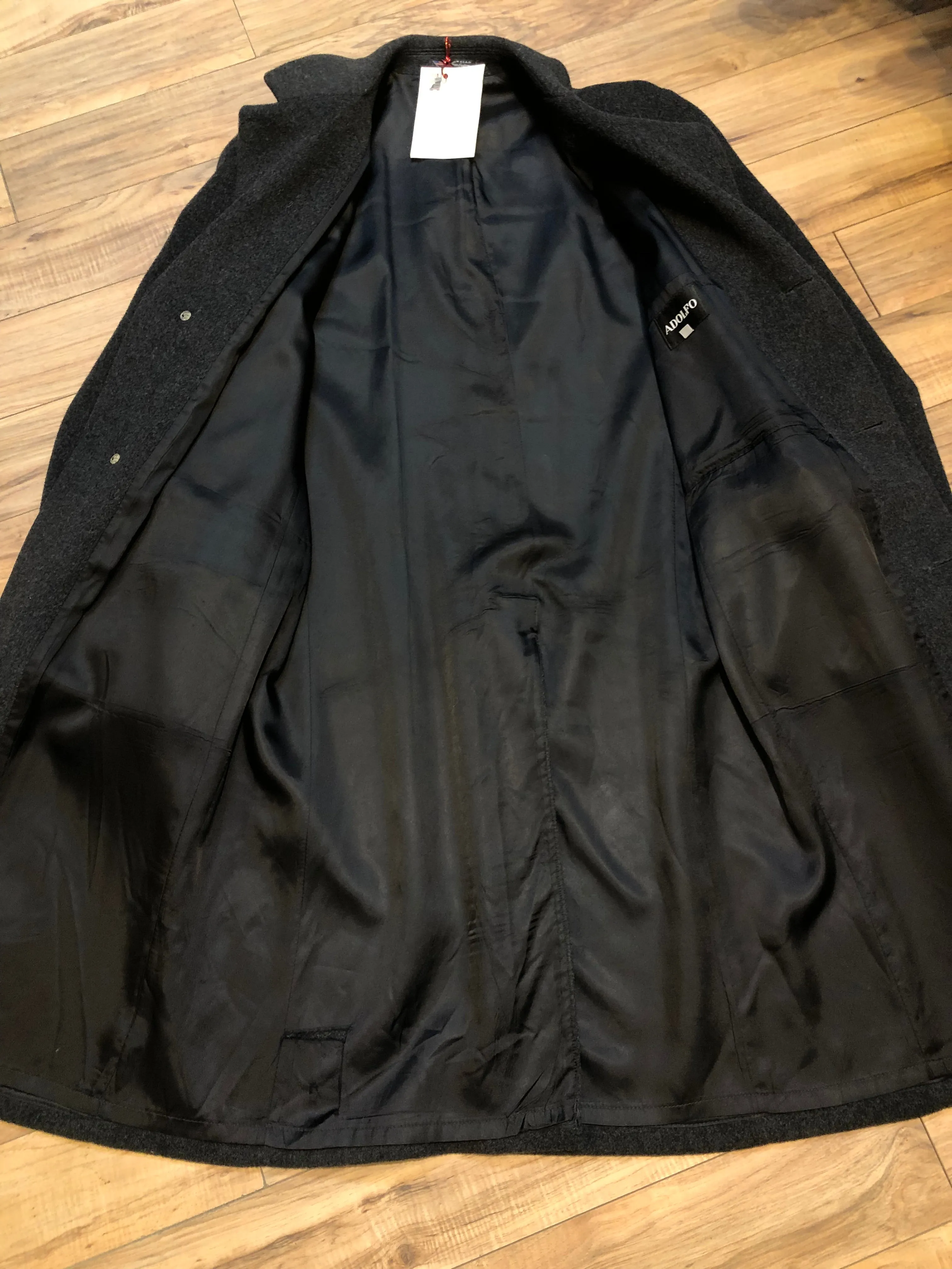 Vintage Adolfo Charcoal Grey Wool Coat, Made in USA, Size 42L