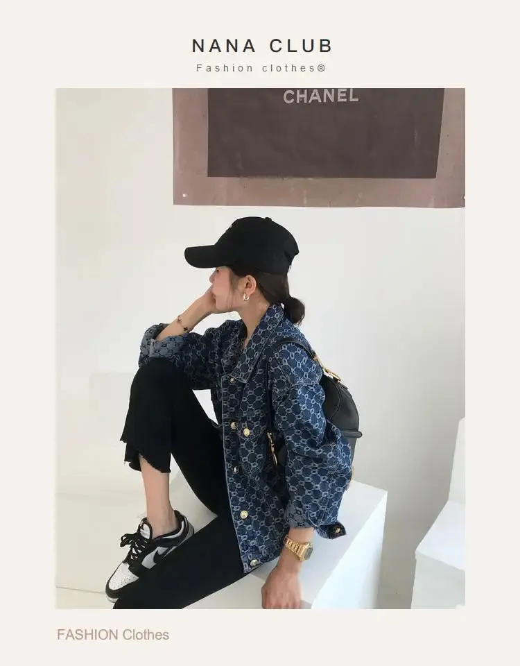 Vintage Loose Print Blue Denim Jacket