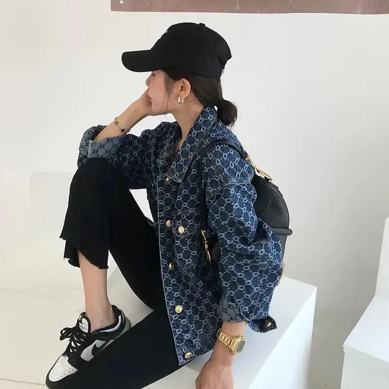 Vintage Loose Print Blue Denim Jacket