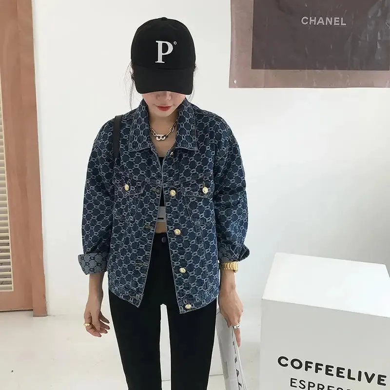 Vintage Loose Print Blue Denim Jacket