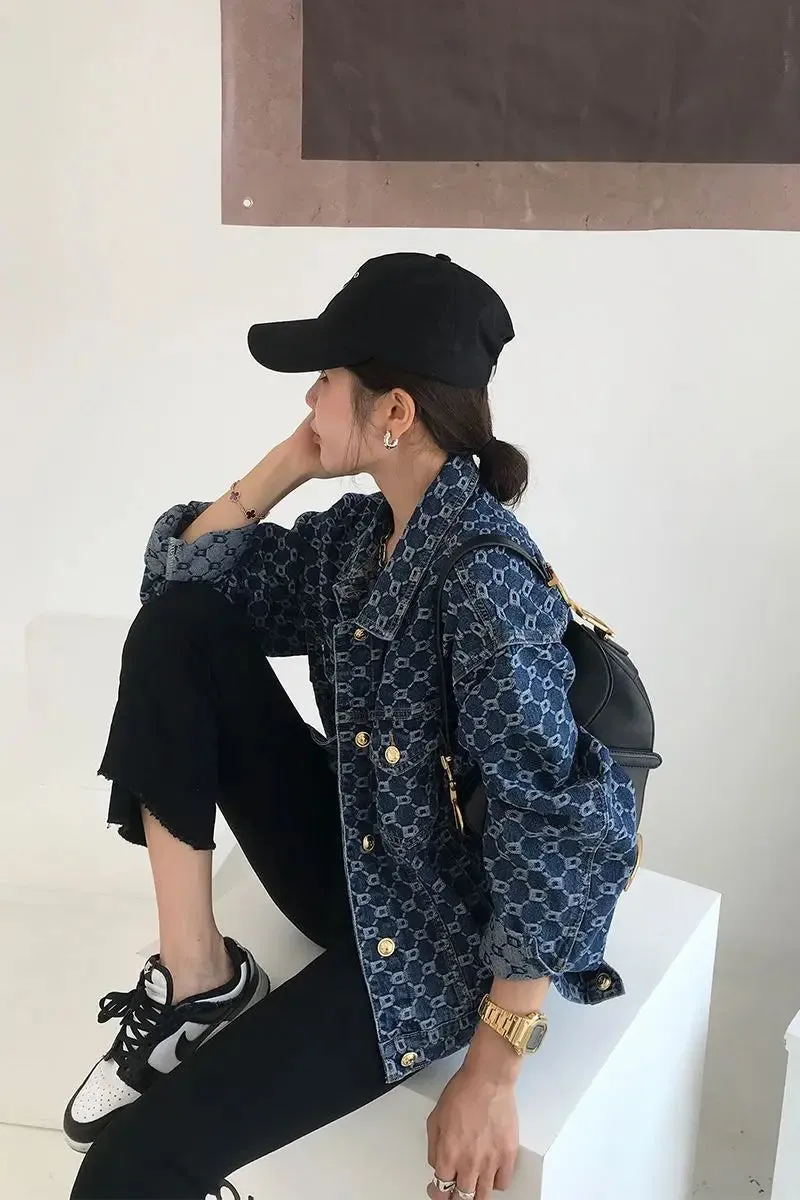 Vintage Loose Print Blue Denim Jacket