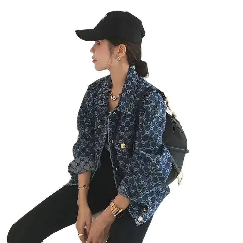 Vintage Loose Print Blue Denim Jacket