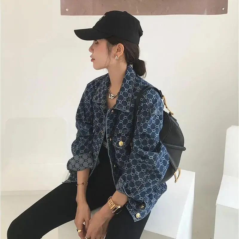 Vintage Loose Print Blue Denim Jacket
