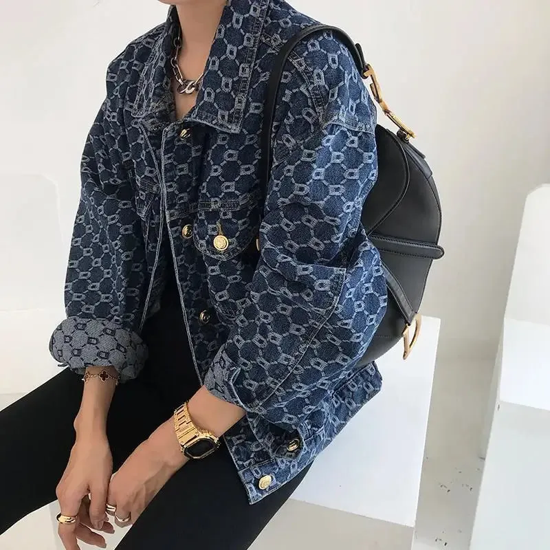 Vintage Loose Print Blue Denim Jacket