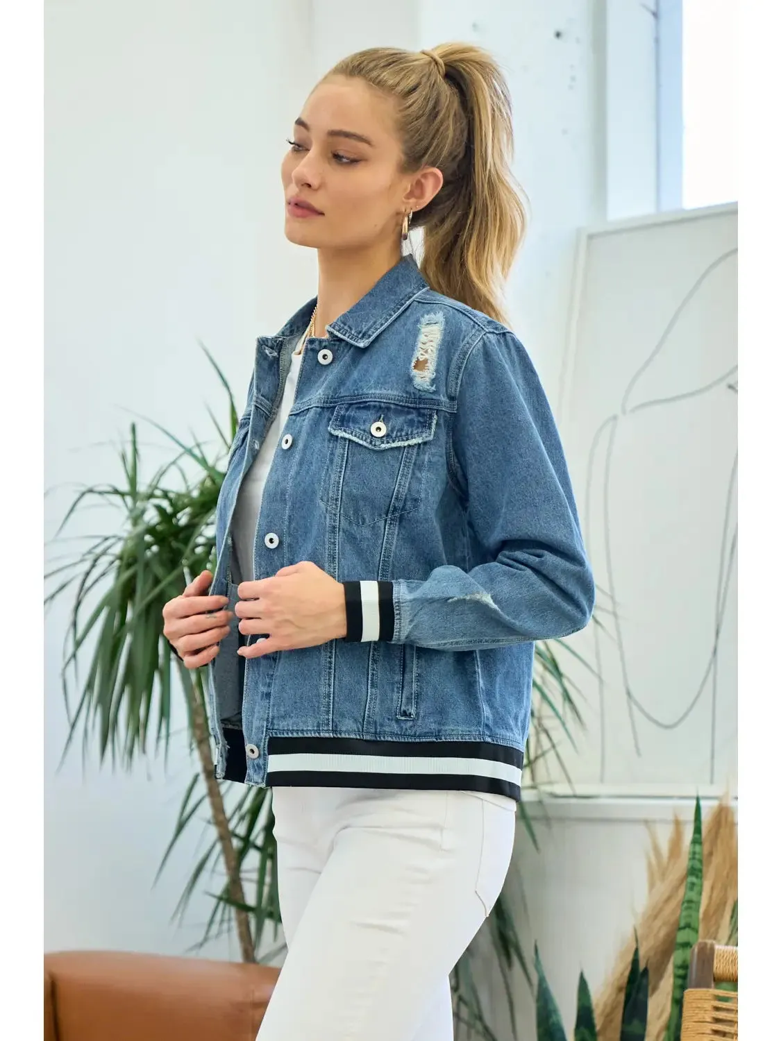 Washed Denim Jacket  With Contrast Band