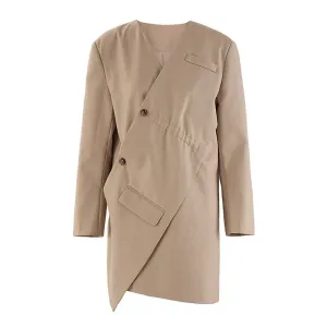 Wenkouban-Winter outfits Christmas Khaki V-Neck Side Button Irregular Length Fashion Blazer