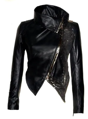 Women Leather Asymmetrical Soft Leather Jacket with High Neck Collars Embroidered