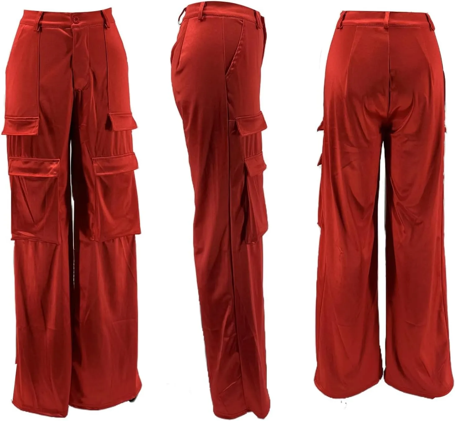 Women Satin Cargo Pants High Waisted Straight Wide Leg Casual Pants Multi Pockets Club Y2k Trousers