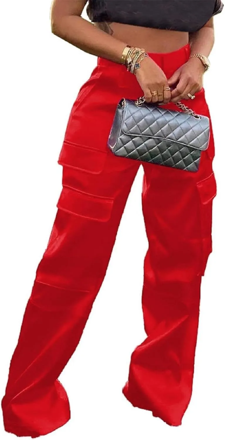 Women Satin Cargo Pants High Waisted Straight Wide Leg Casual Pants Multi Pockets Club Y2k Trousers