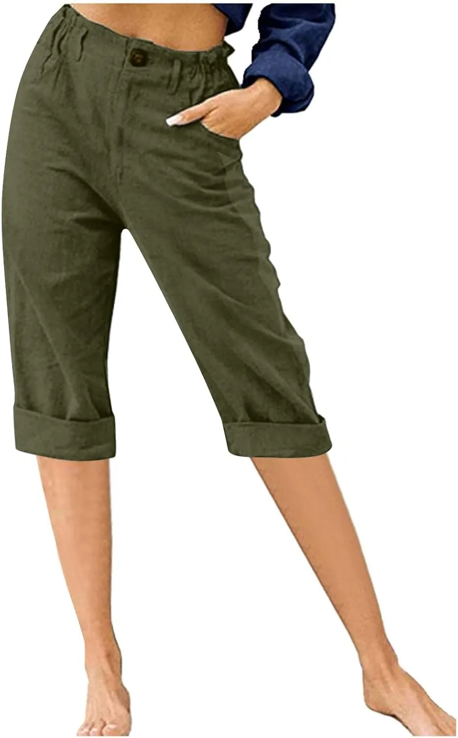 Women's Folded Hem Cotton Linen Shorts Elastic Waist Shorts Long Shorts Below The Knee Pocket Sporty Shorts