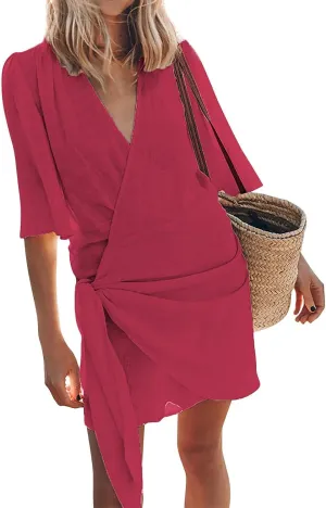 Womens Summer Linen Dresses V-Neck Short Sleeve Wrap Tie Mini Dress Beach Vacation Cocktail Dress