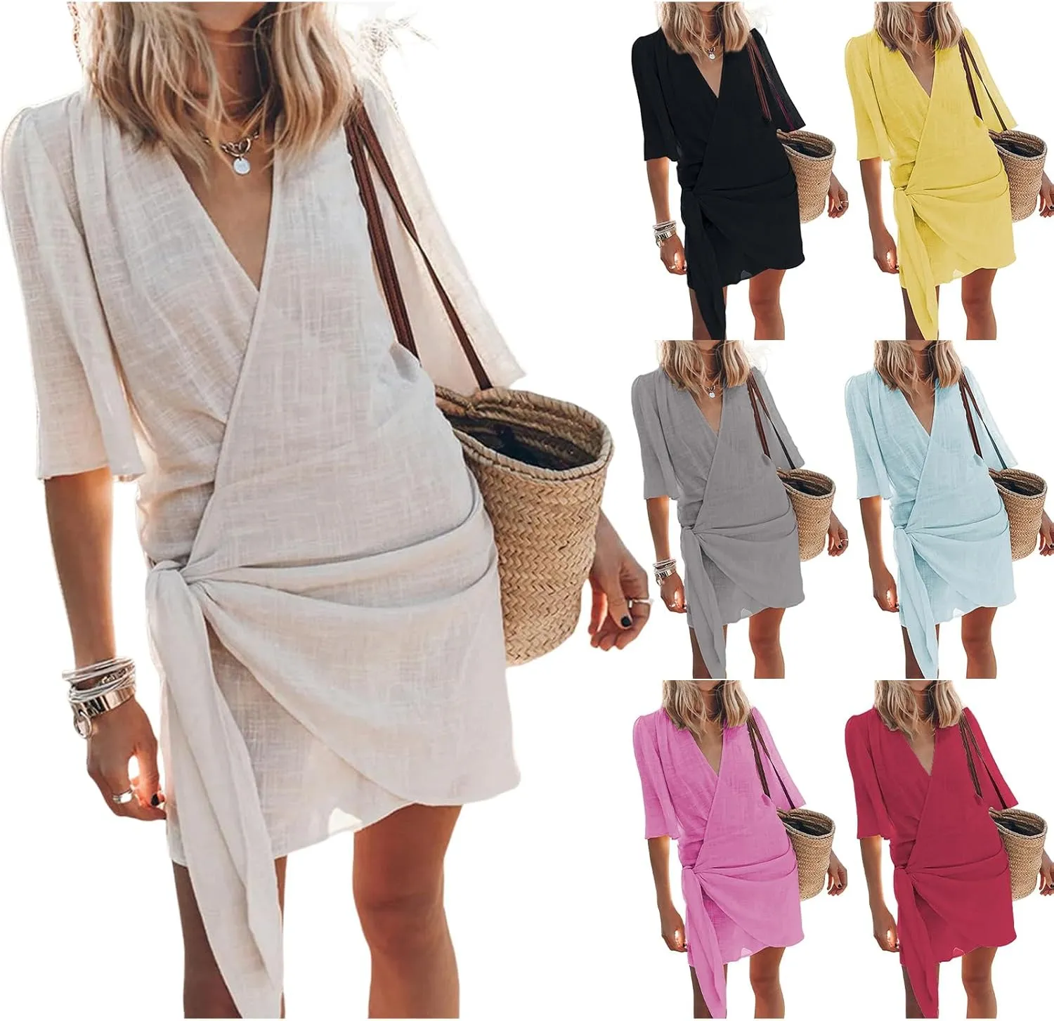 Womens Summer Linen Dresses V-Neck Short Sleeve Wrap Tie Mini Dress Beach Vacation Cocktail Dress