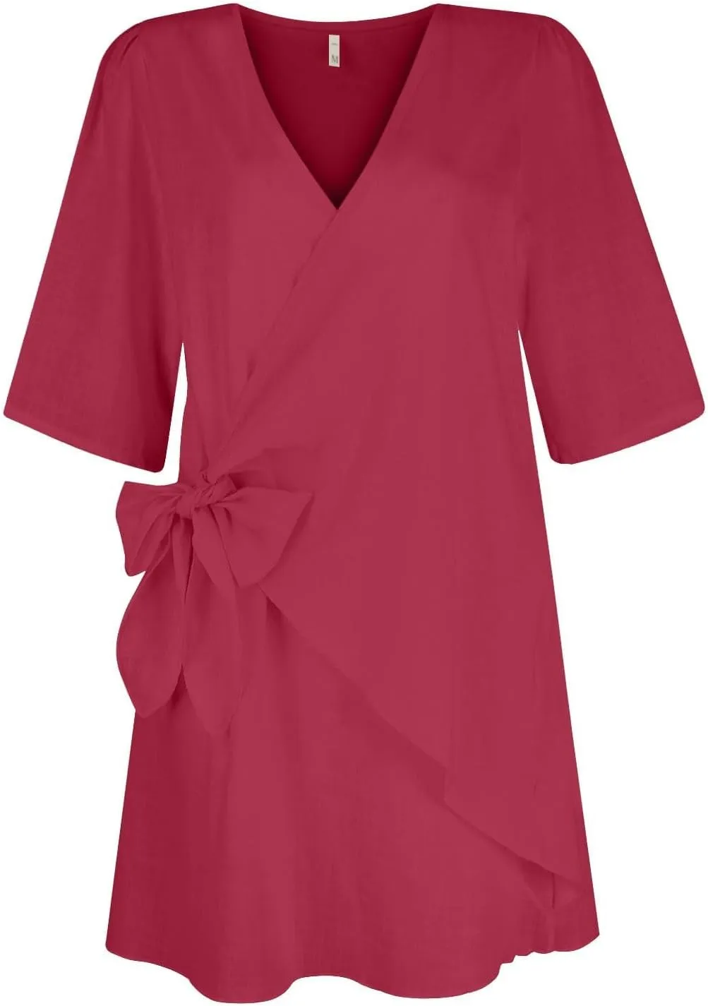 Womens Summer Linen Dresses V-Neck Short Sleeve Wrap Tie Mini Dress Beach Vacation Cocktail Dress