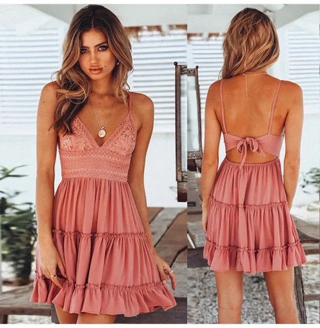Yeknu Summer Women White Lace Halter Dress Sexy Backless Beach Dresses Fashion Sleeveless Spaghetti Strap Casual Mini Sundress