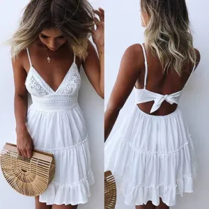 Yeknu Summer Women White Lace Halter Dress Sexy Backless Beach Dresses Fashion Sleeveless Spaghetti Strap Casual Mini Sundress
