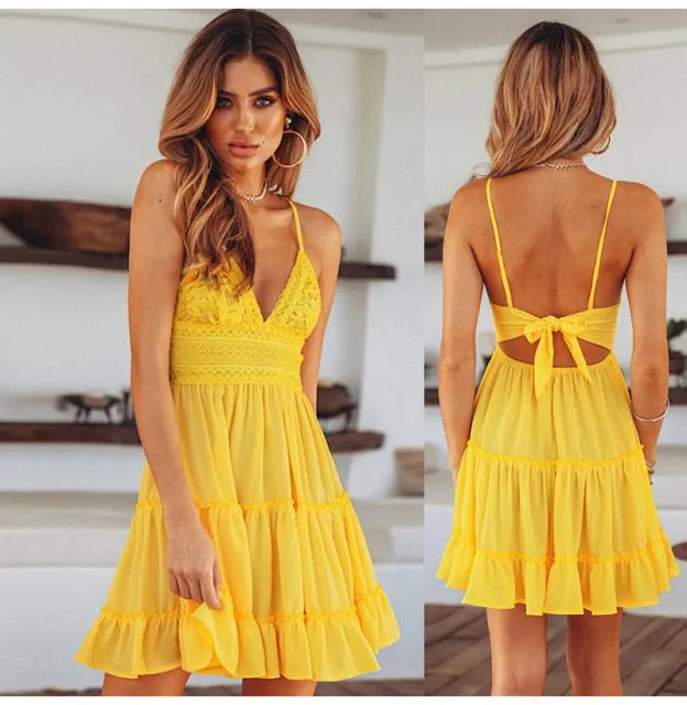 Yeknu Summer Women White Lace Halter Dress Sexy Backless Beach Dresses Fashion Sleeveless Spaghetti Strap Casual Mini Sundress